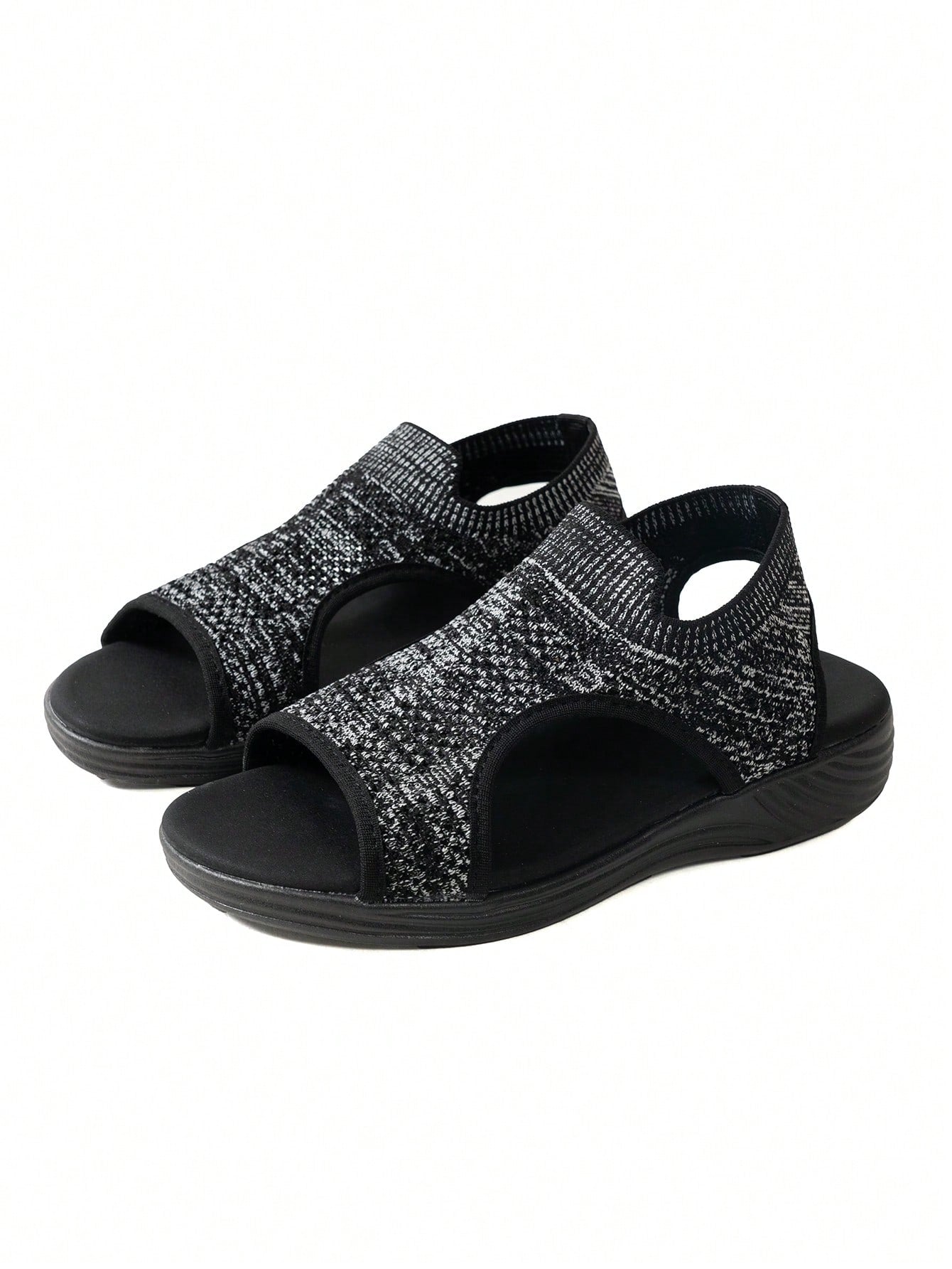 Plus size women's slip-on wedge slide sandals with open toe, low platform heel, and breathable cutout fabric upper, shown as a casual outdoor style sandal.