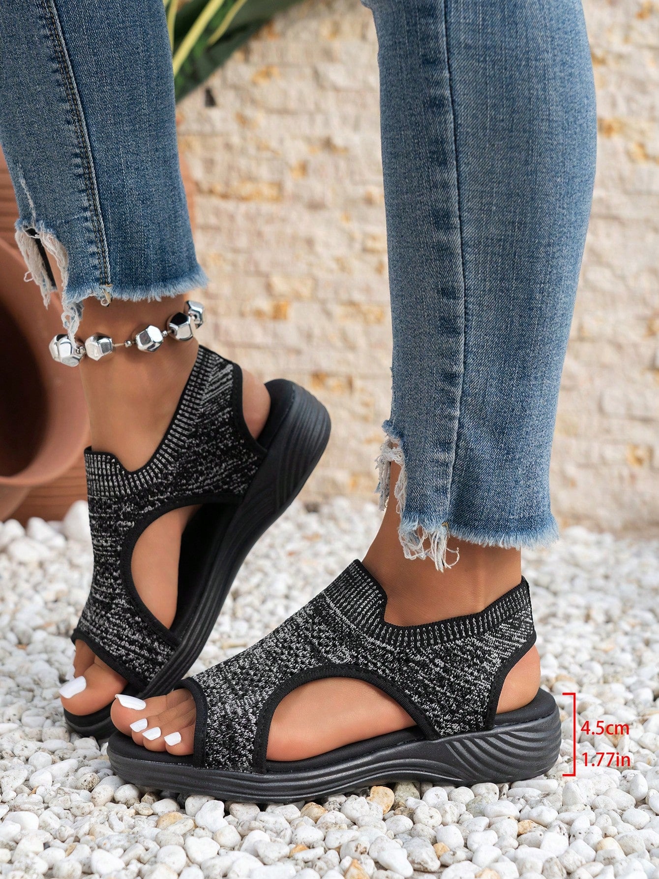 Plus size women's slip-on wedge slide sandals with open toe, low platform heel, and breathable cutout fabric upper, shown as a casual outdoor style sandal.
