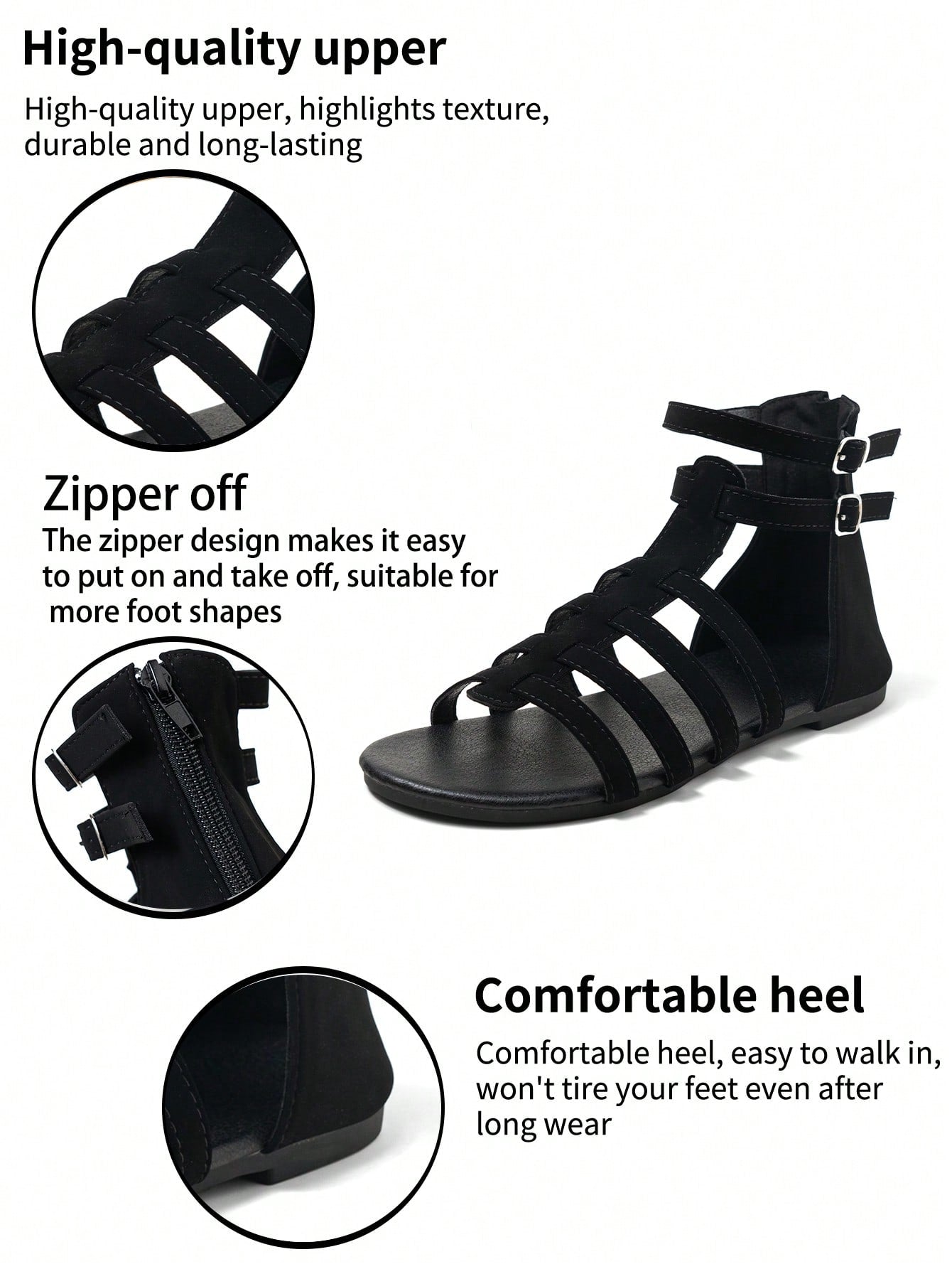 Women’s flat boho gladiator sandals with cross straps, open toe, buckle detail, and back zipper, styled for beach and casual summer wear.