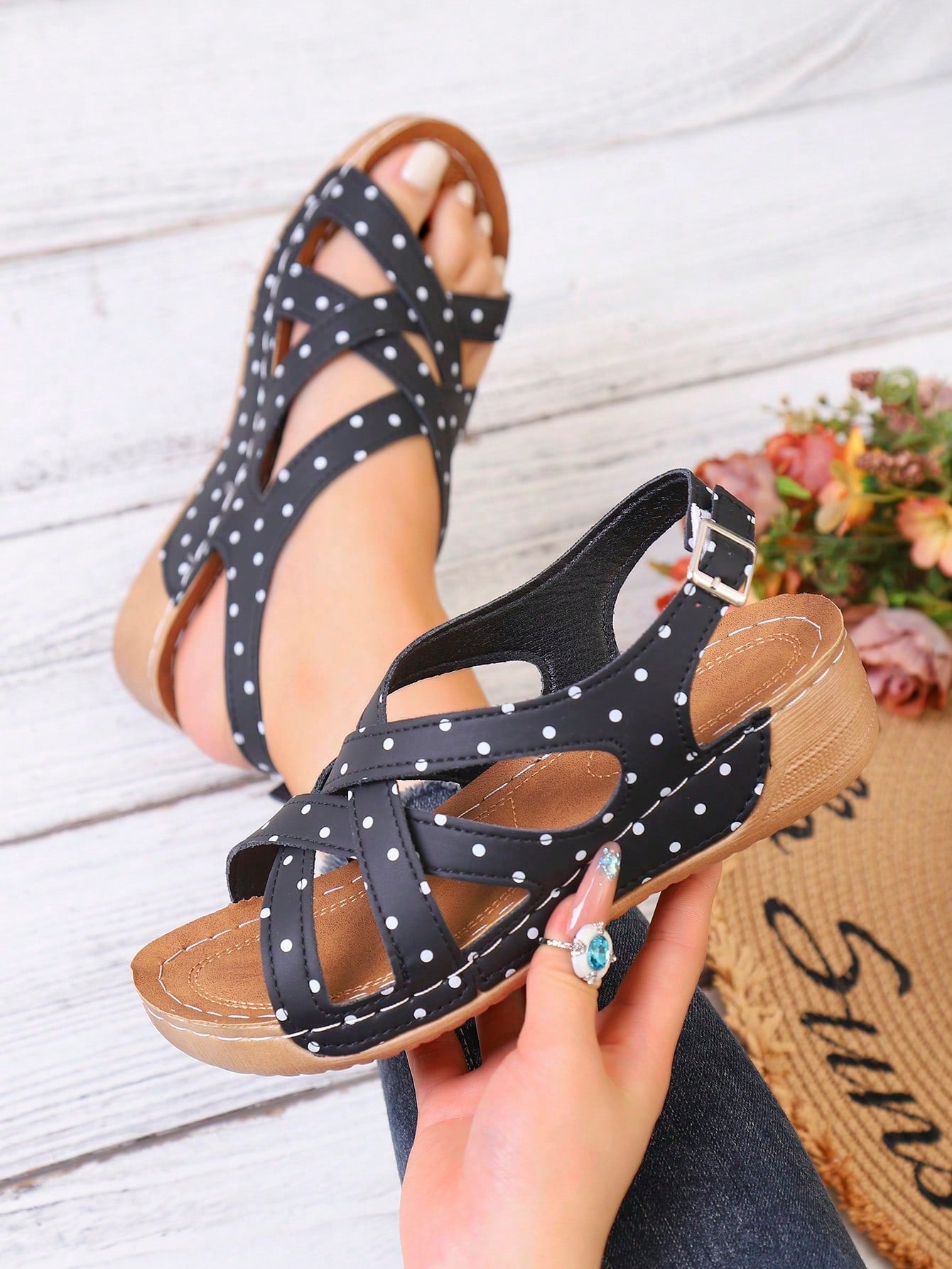 Women's open-toe wedge slide sandals with studded hollow-out upper, cross-over straps, buckle closure, and thick soft sole
