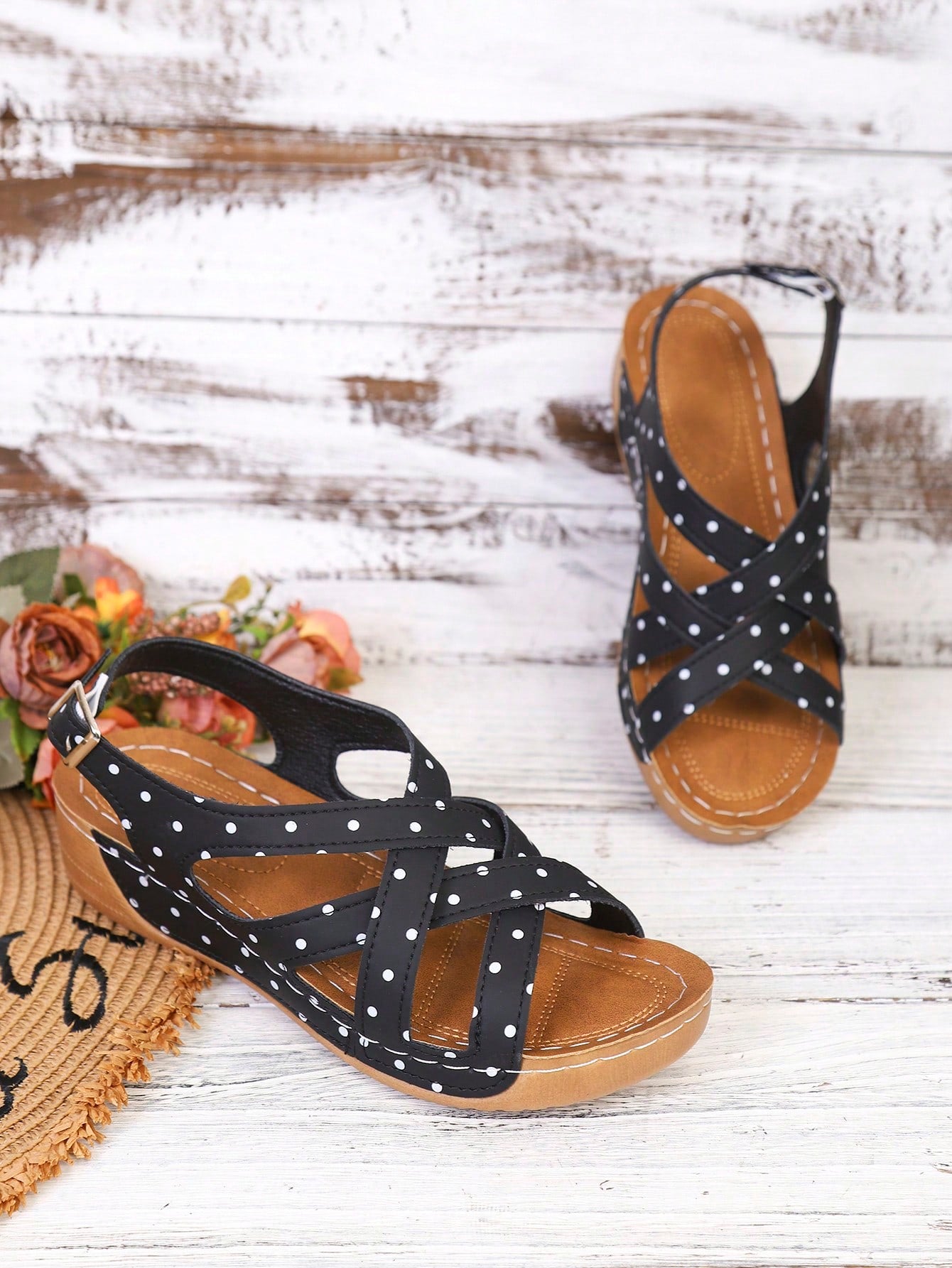 Women's open-toe wedge slide sandals with studded hollow-out upper, cross-over straps, buckle closure, and thick soft sole