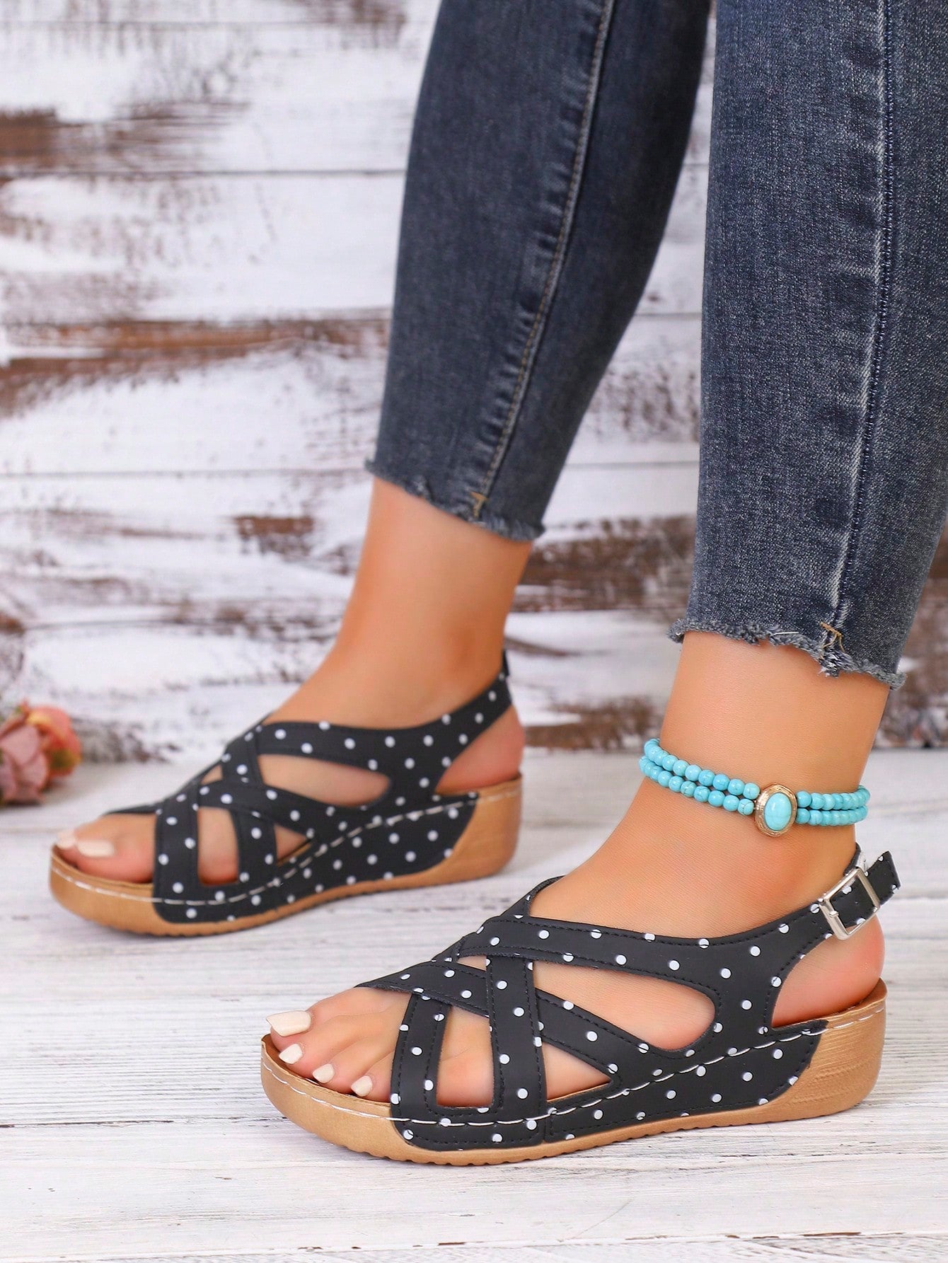Women's open-toe wedge slide sandals with studded hollow-out upper, cross-over straps, buckle closure, and thick soft sole
