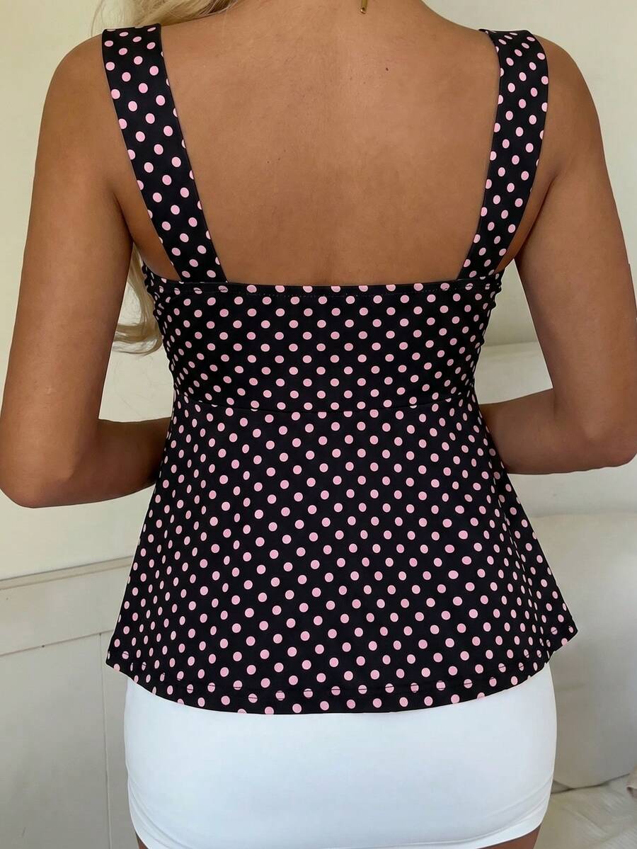 2026 Spring/Summer Women's New Arrival: Brown And White Polka Dot Sweet Vintage 2000s Cute Casual Versatile Ruffle Drawstring Top/Tank Vacation