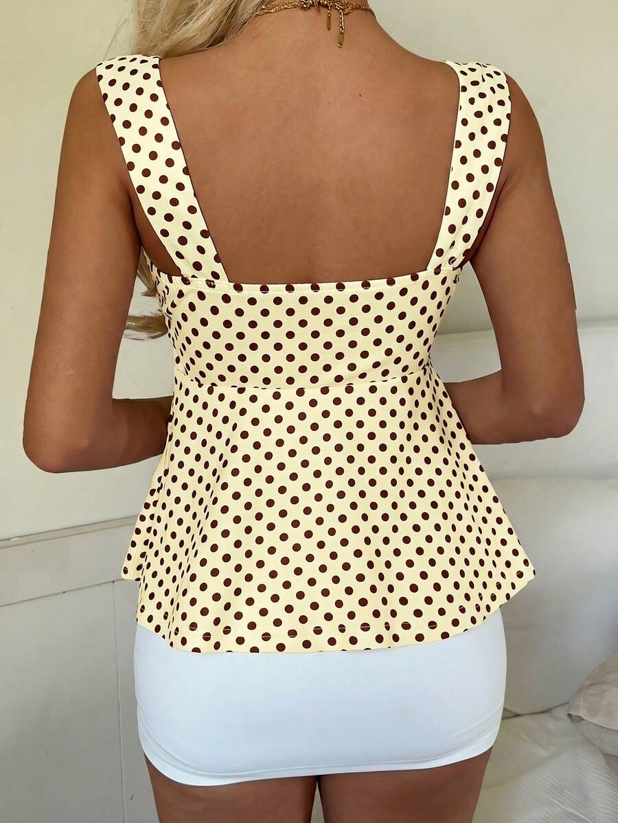 2026 Spring/Summer Women's New Arrival: Brown And White Polka Dot Sweet Vintage 2000s Cute Casual Versatile Ruffle Drawstring Top/Tank Vacation