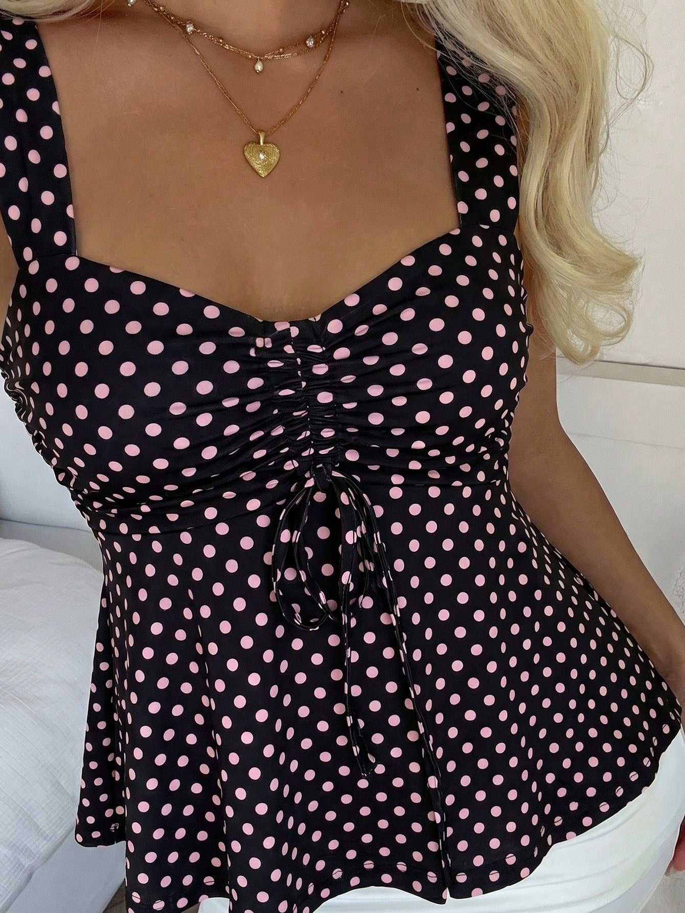 CovetEZ 2026 Spring/Summer New Women's Apparel: Black Polka Dot Cute Casual Versatile Ruffle Drawstring Blouse/Tank Top,Summer Top
