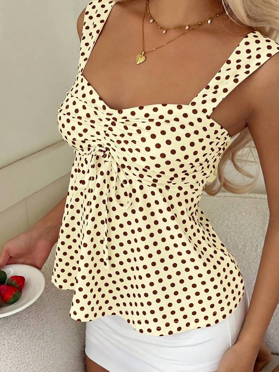 2026 Spring/Summer Women's New Arrival: Brown And White Polka Dot Sweet Vintage 2000s Cute Casual Versatile Ruffle Drawstring Top/Tank Vacation