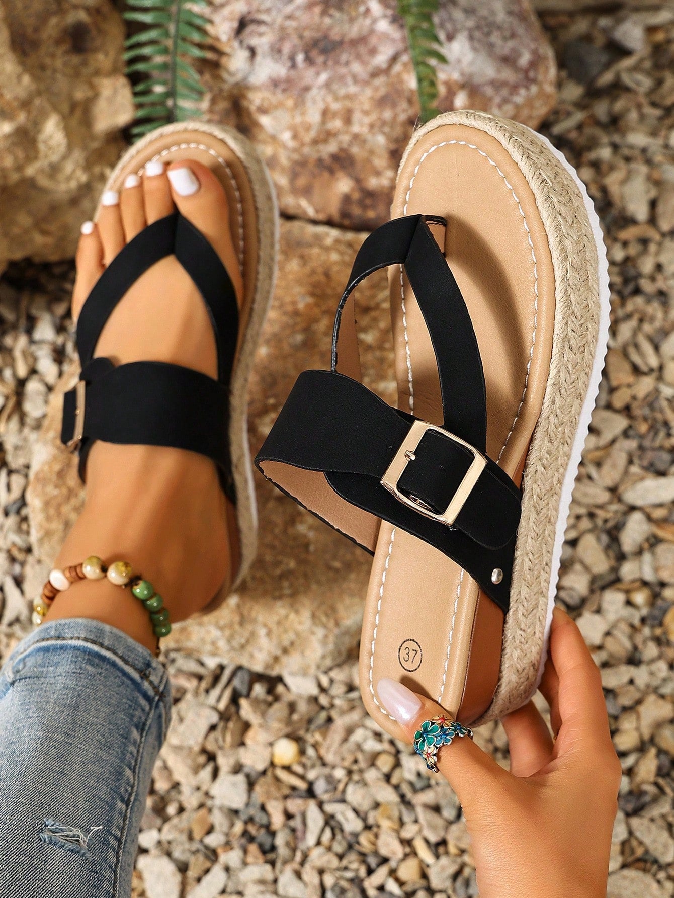 Women's thick sole flip flop sandals with adjustable buckle strap, toe post design, and flatform mid heel in a casual vacation style.