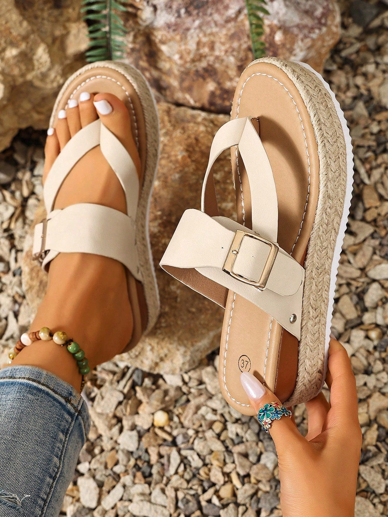 Women's thick sole flip flop sandals with adjustable buckle strap, toe post design, and flatform mid heel in a casual vacation style.