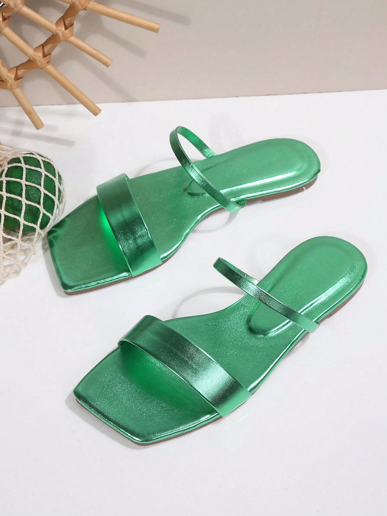 Women’s square toe flat slide sandals with open toe, slip-on style, and ruffle/plain detail for beach and casual outdoor wear.