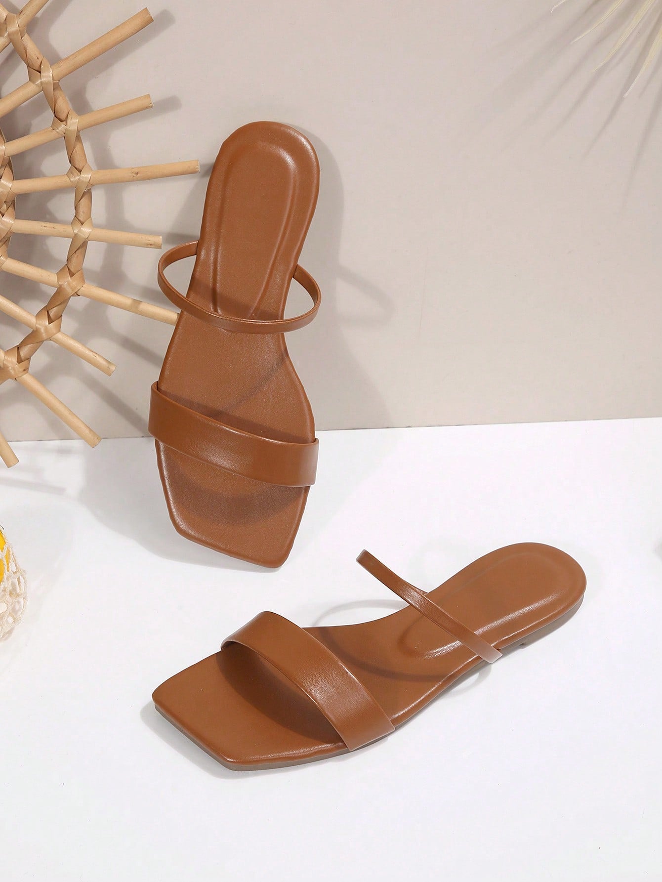 Women’s square toe flat slide sandals with open toe, slip-on style, and ruffle/plain detail for beach and casual outdoor wear.