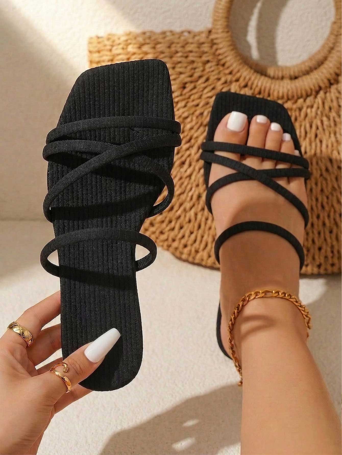 Women's striped flat slingback sandals with a square open toe, slip-on style, and rhinestone detail.