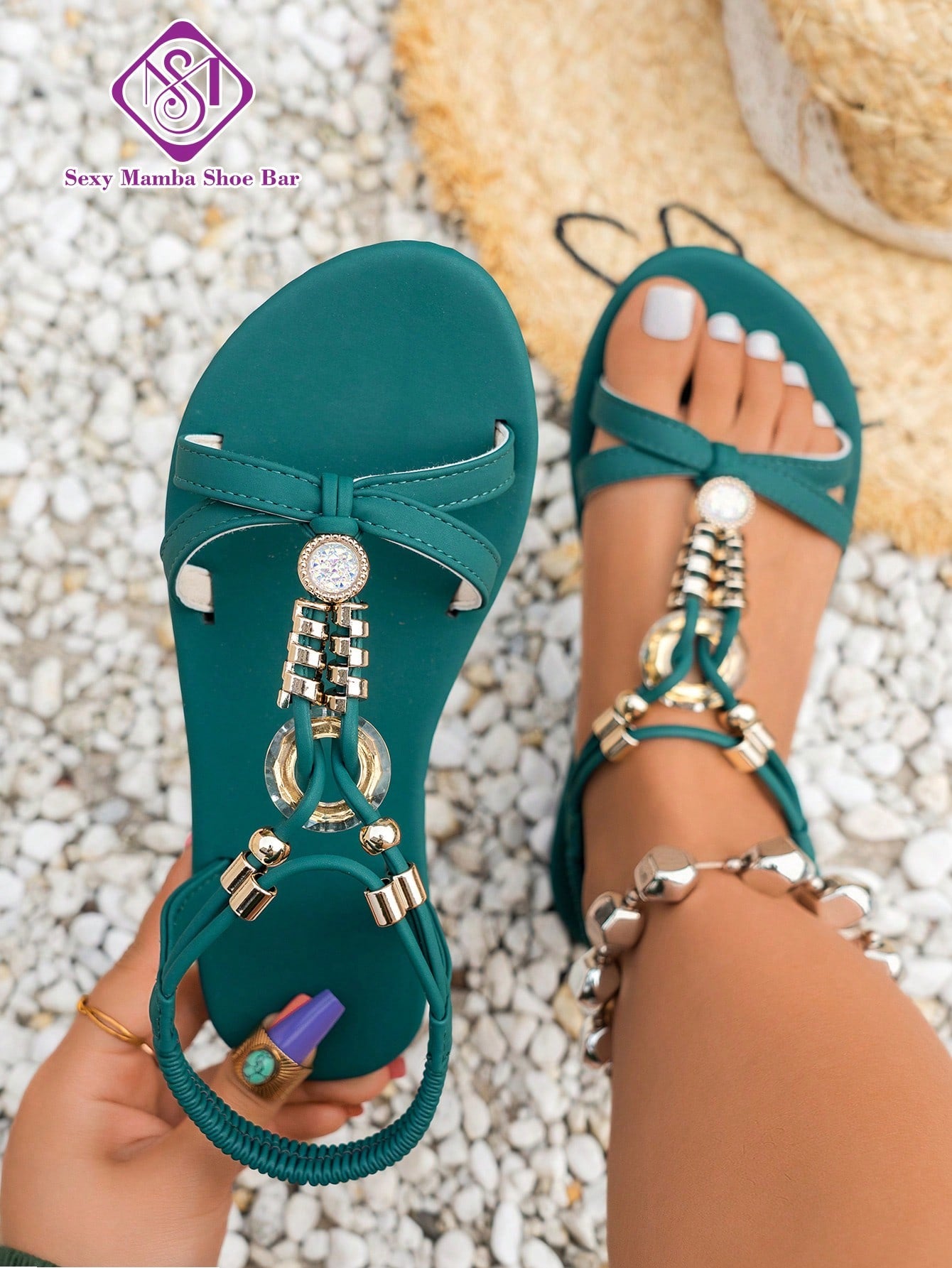 Women's flat slip-on sandals with open toe, plain solid-color look, beaded detail, and golden bar decor in a classic bohemian-inspired style.