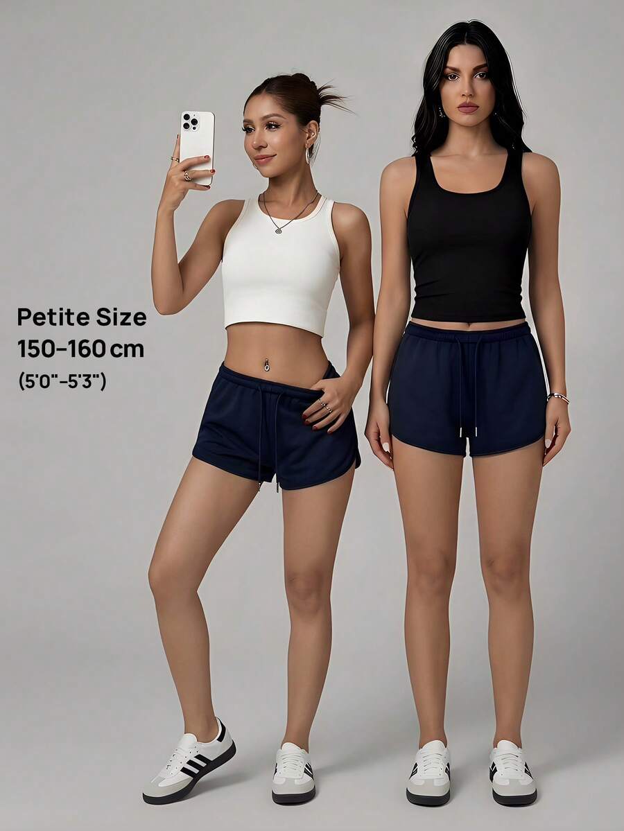 Petite women's burgundy casual track shorts with drawstring waist, raw hem, loose fit, and mini length