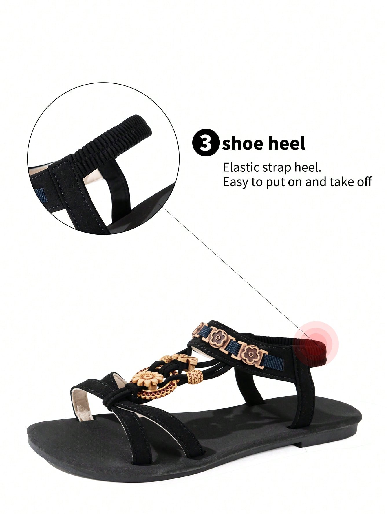 Women's flat slip-on sandals with open toe, plain solid-color look, beaded detail, and golden bar decor in a classic bohemian-inspired style.
