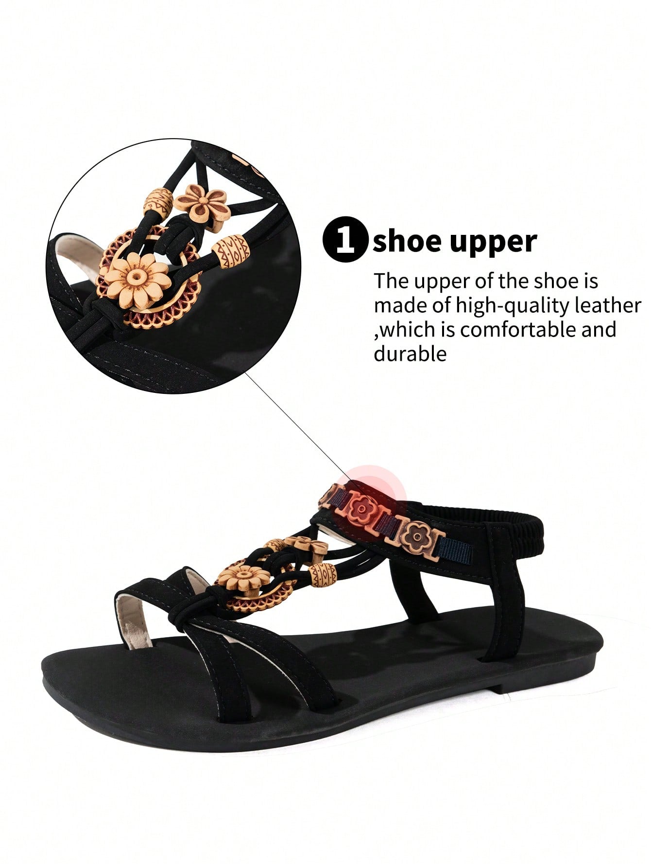 Women's flat slip-on sandals with open toe, plain solid-color look, beaded detail, and golden bar decor in a classic bohemian-inspired style.