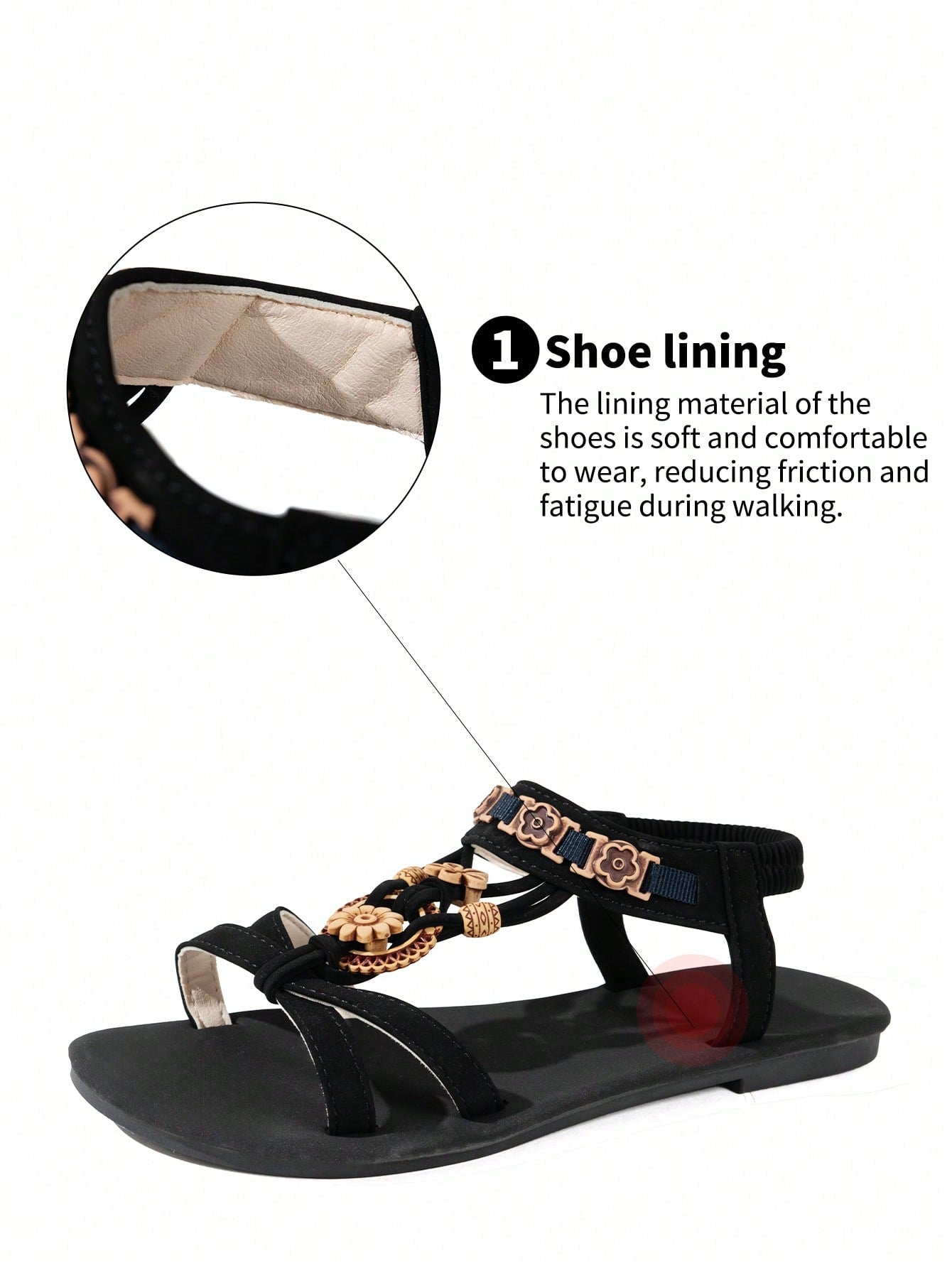 Women's flat slip-on sandals with open toe, plain solid-color look, beaded detail, and golden bar decor in a classic bohemian-inspired style.
