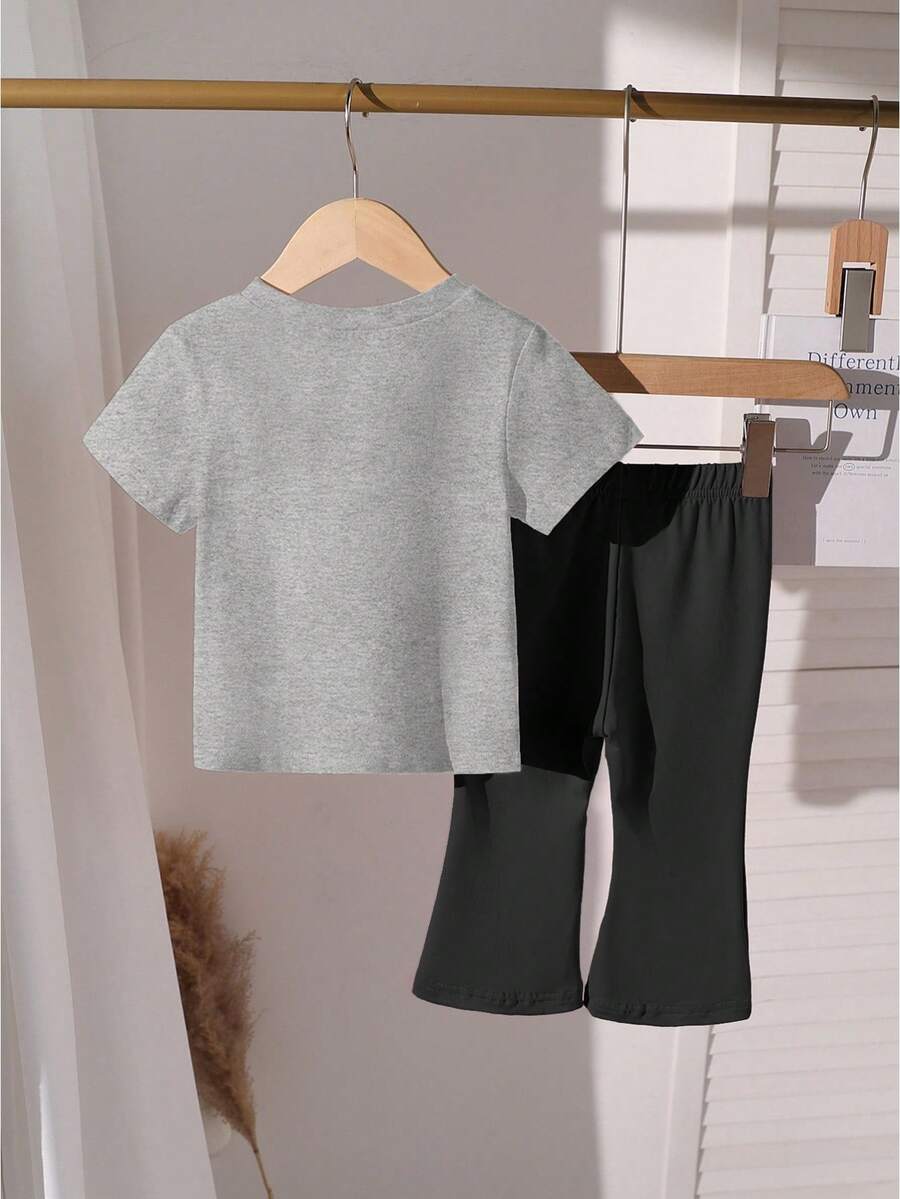 Elladie kids 2pcs/Set Young Girl Casual Butterfly Print Short Sleeve T-Shirt And Flare Pants,Cute Cartoon Graphic Fashionable Summer Clothes For School Outfit