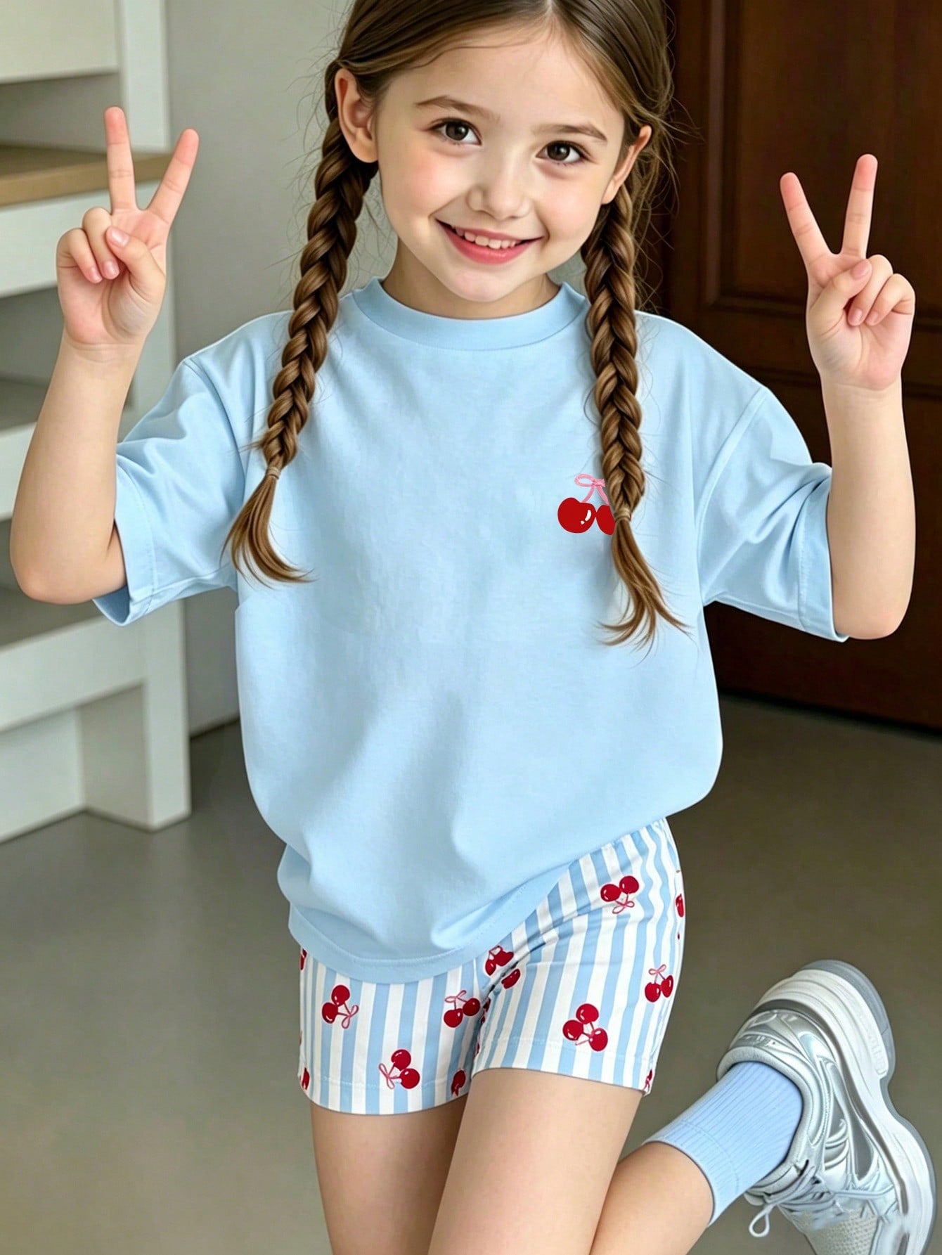 Elladie kids 2pcs/Set 4-7 Years Old Girls Toddler Outfits,Summer Cherry Bow Print Blue & White Striped Round Neck Short Sleeve T-Shirt + Shorts,Fresh Cute Style