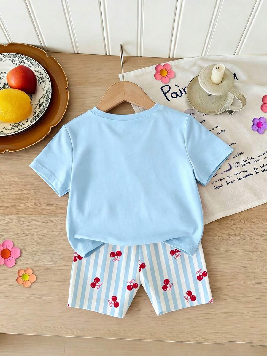 Elladie kids 2pcs/Set 4-7 Years Old Girls Toddler Outfits,Summer Cherry Bow Print Blue & White Striped Round Neck Short Sleeve T-Shirt + Shorts,Fresh Cute Style