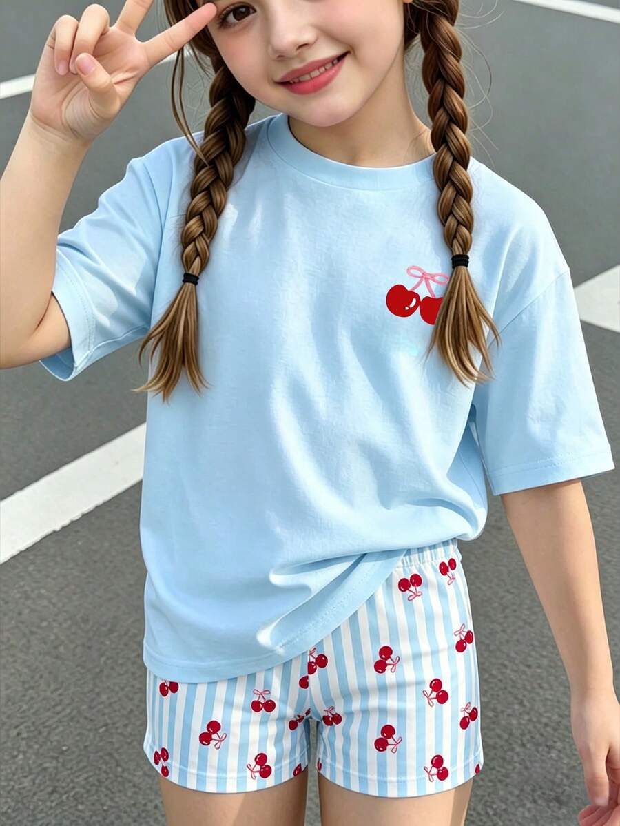 Elladie kids 2pcs/Set 4-7 Years Old Girls Toddler Outfits,Summer Cherry Bow Print Blue & White Striped Round Neck Short Sleeve T-Shirt + Shorts,Fresh Cute Style