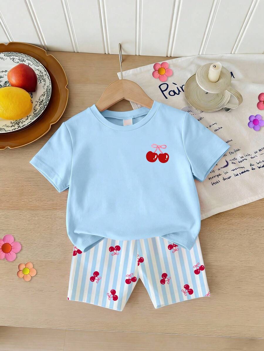 Elladie kids 2pcs/Set 4-7 Years Old Girls Toddler Outfits,Summer Cherry Bow Print Blue & White Striped Round Neck Short Sleeve T-Shirt + Shorts,Fresh Cute Style