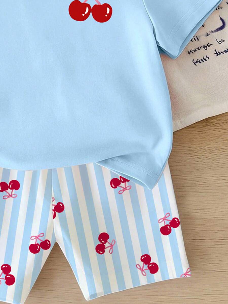 Elladie kids 2pcs/Set 4-7 Years Old Girls Toddler Outfits,Summer Cherry Bow Print Blue & White Striped Round Neck Short Sleeve T-Shirt + Shorts,Fresh Cute Style