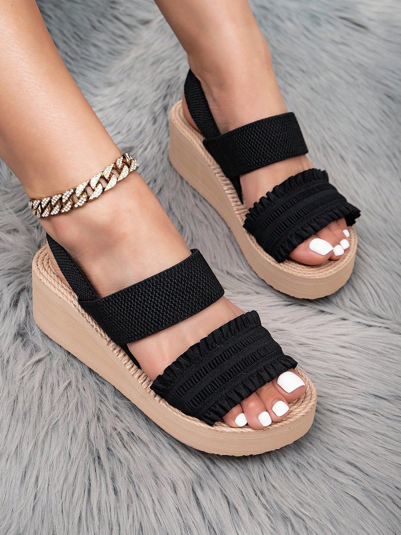 Women's beige slip-on platform wedge slide sandals with open toe, tassel and ruffle details, rope-pattern styling, and mid heel.