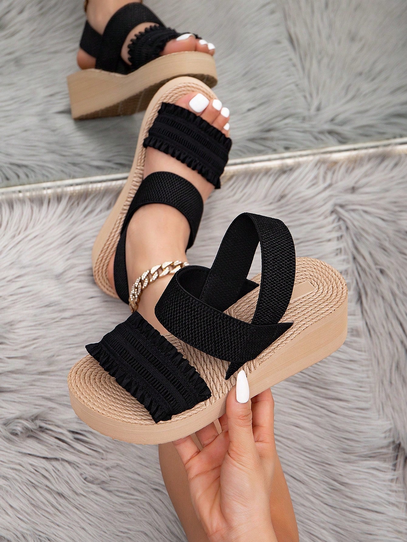 Women's beige slip-on platform wedge slide sandals with open toe, tassel and ruffle details, rope-pattern styling, and mid heel.
