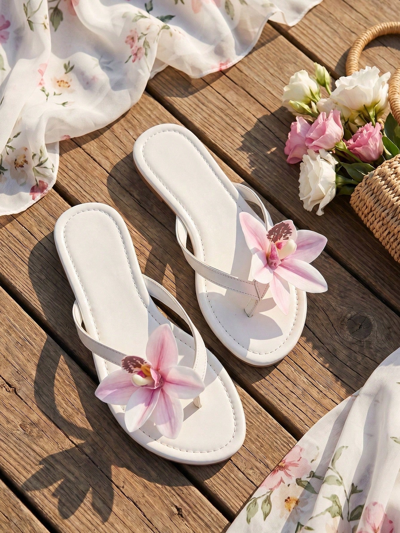 Women's black flat slide sandals with toe post design, textured PU leather straps, and rhinestone heart decoration.