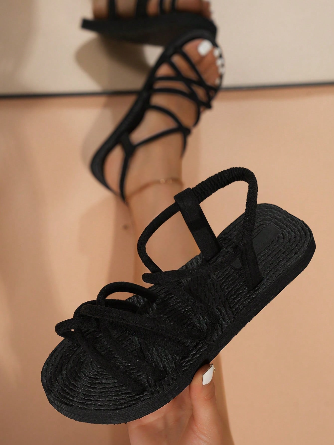 Women's colorblock flat slide sandals with criss cross strap, toe post, cloth tape and fleece detail, finished with sequin, crystal, gemstone, and knot accents.