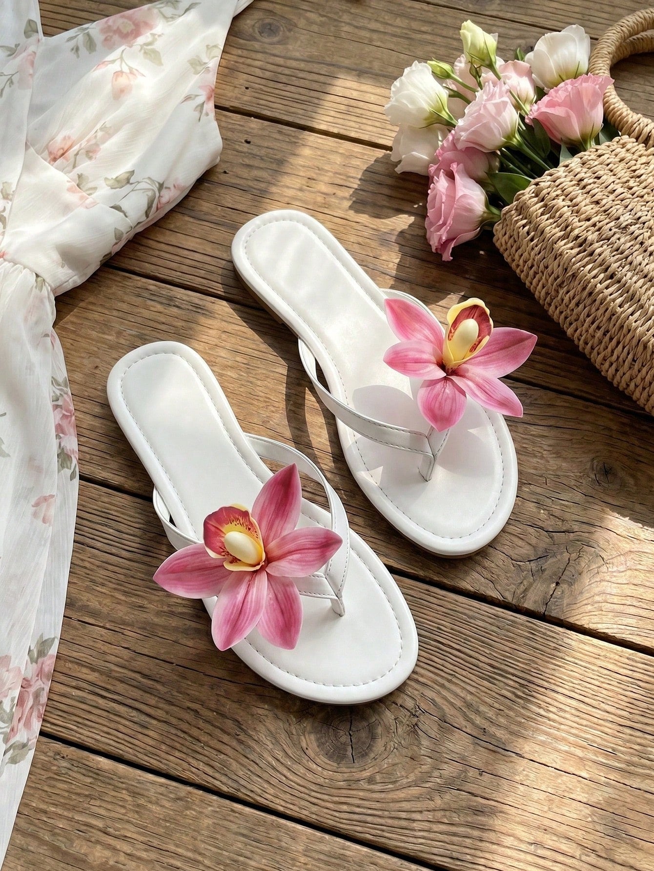 Women's black flat slide sandals with toe post design, textured PU leather straps, and rhinestone heart decoration.