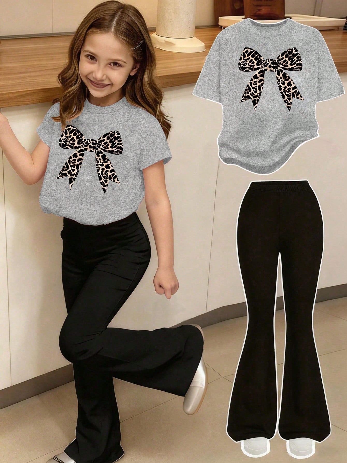 Elladie kids 2pcs/Set Young Girl Casual Butterfly Print Short Sleeve T-Shirt And Flare Pants,Cute Cartoon Graphic Fashionable Summer Clothes For School Outfit