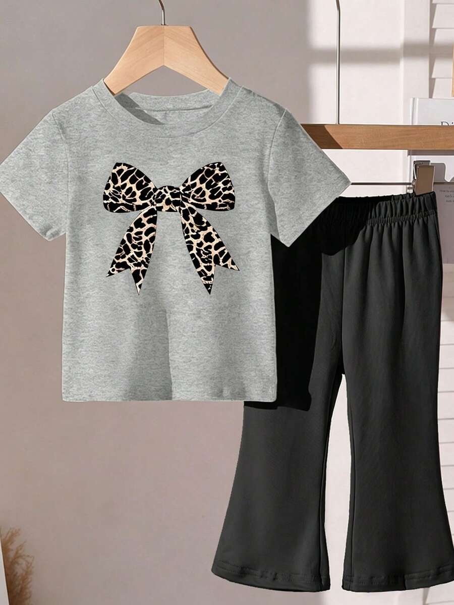 Elladie kids 2pcs/Set Young Girl Casual Butterfly Print Short Sleeve T-Shirt And Flare Pants,Cute Cartoon Graphic Fashionable Summer Clothes For School Outfit