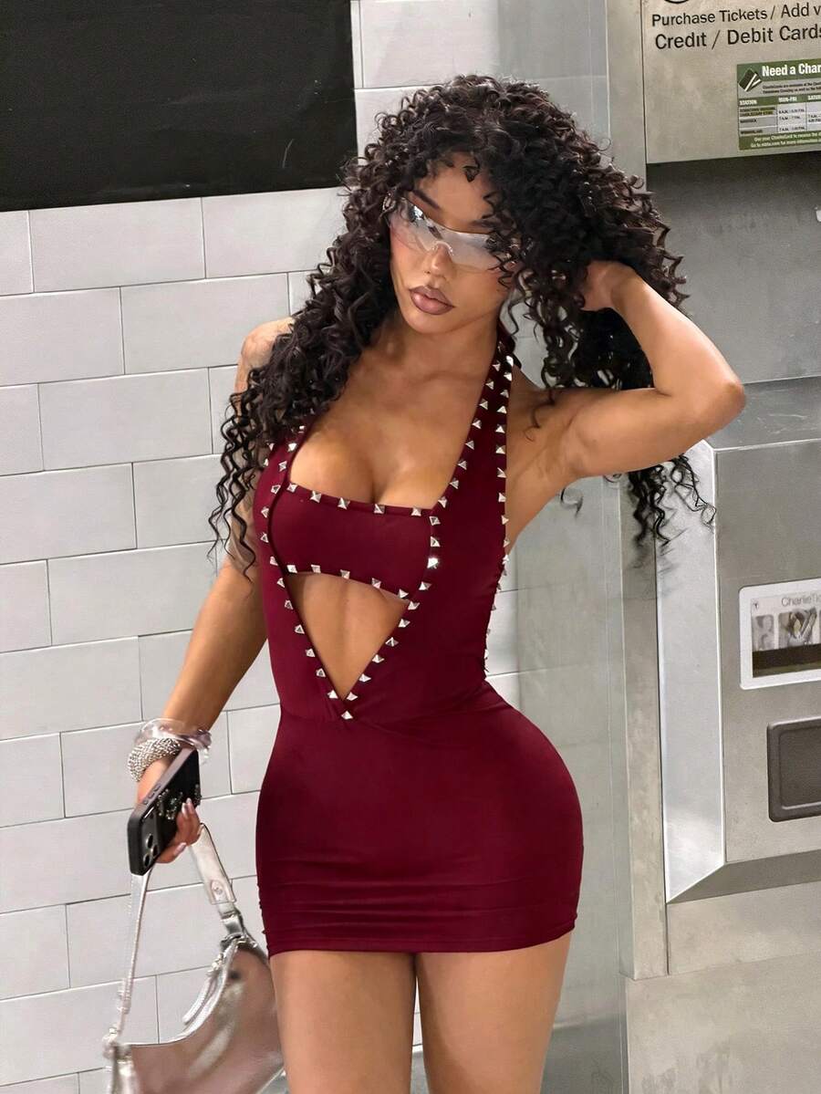 Women's studded halter bodycon mini dress with deep V-neck, backless design, arm sleeves, slim fit, and pencil hem.