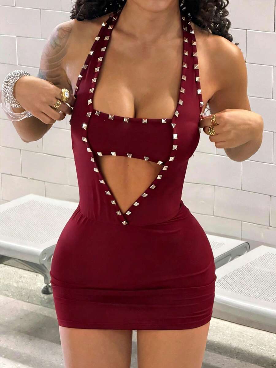 Women's studded halter bodycon mini dress with deep V-neck, backless design, arm sleeves, slim fit, and pencil hem.
