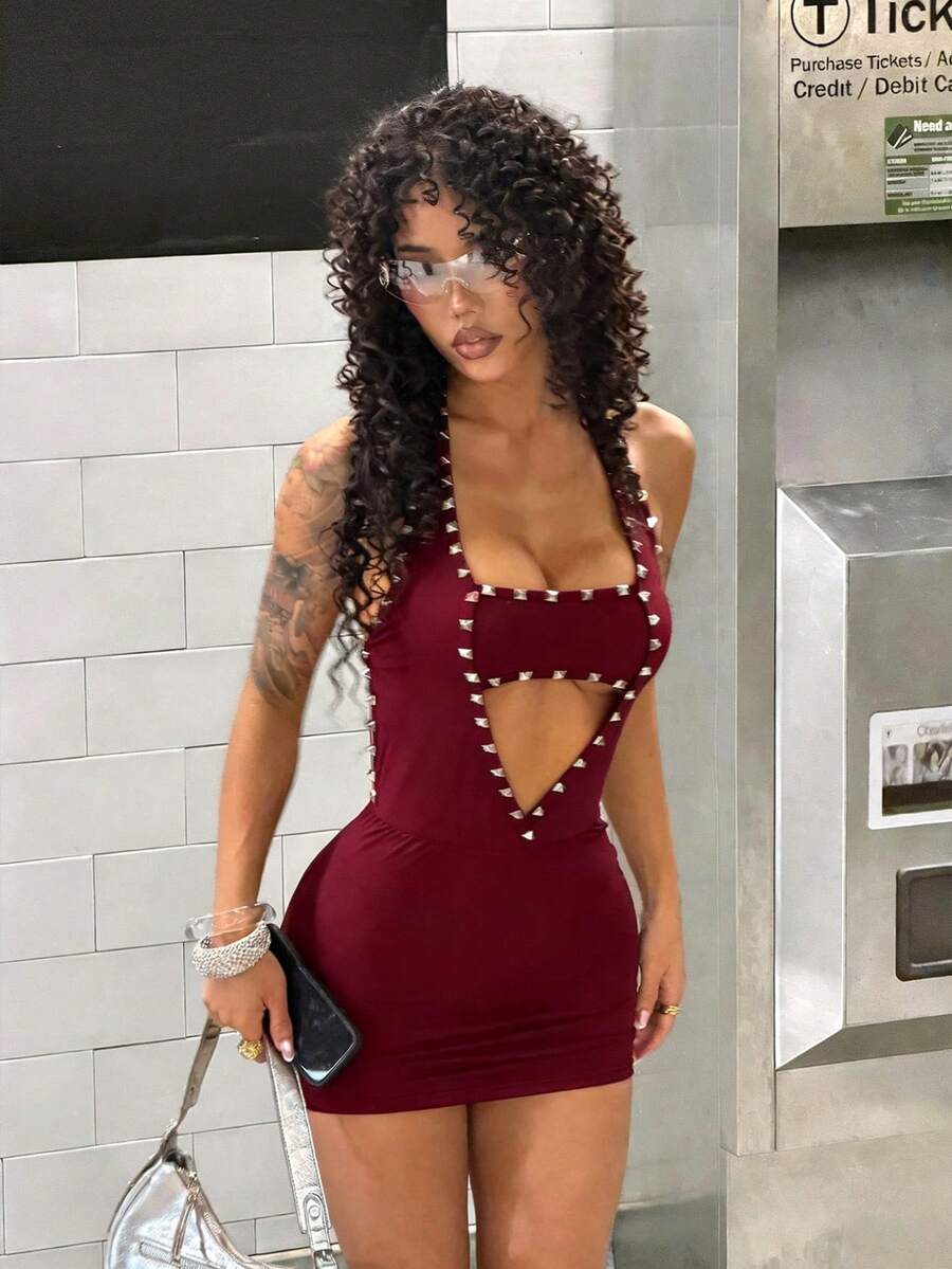 Women's studded halter bodycon mini dress with deep V-neck, backless design, arm sleeves, slim fit, and pencil hem.