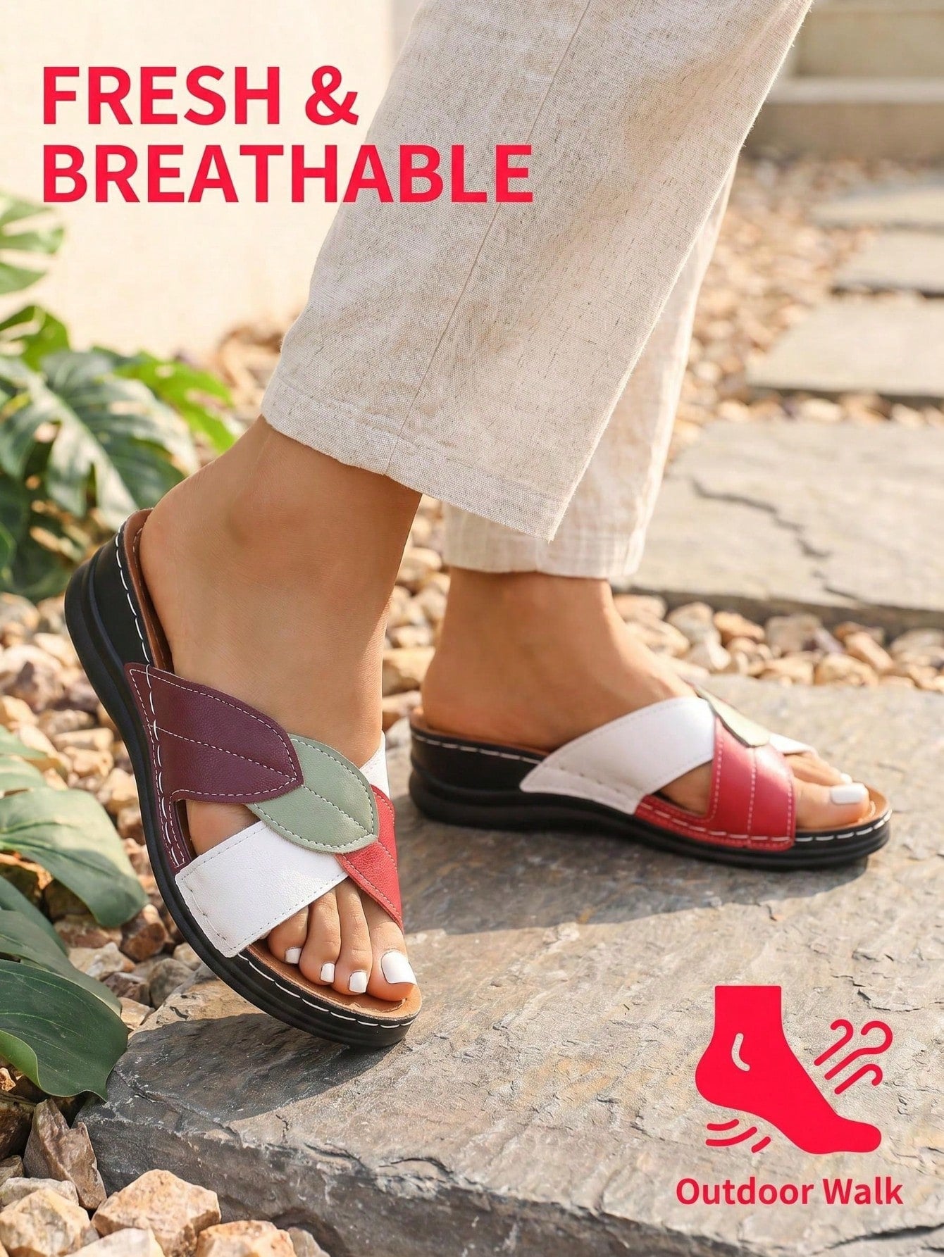 Women's multicolor wedge slide sandals with open toe, criss-cross straps, cut-out details, slip-on closure, and mid chunky wedge heel.