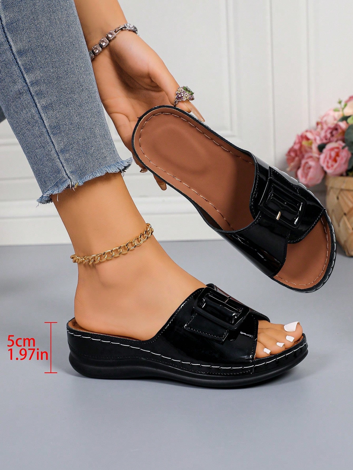 Women's multicolor wedge slide sandals with open toe, criss-cross straps, cut-out details, slip-on closure, and mid chunky wedge heel.