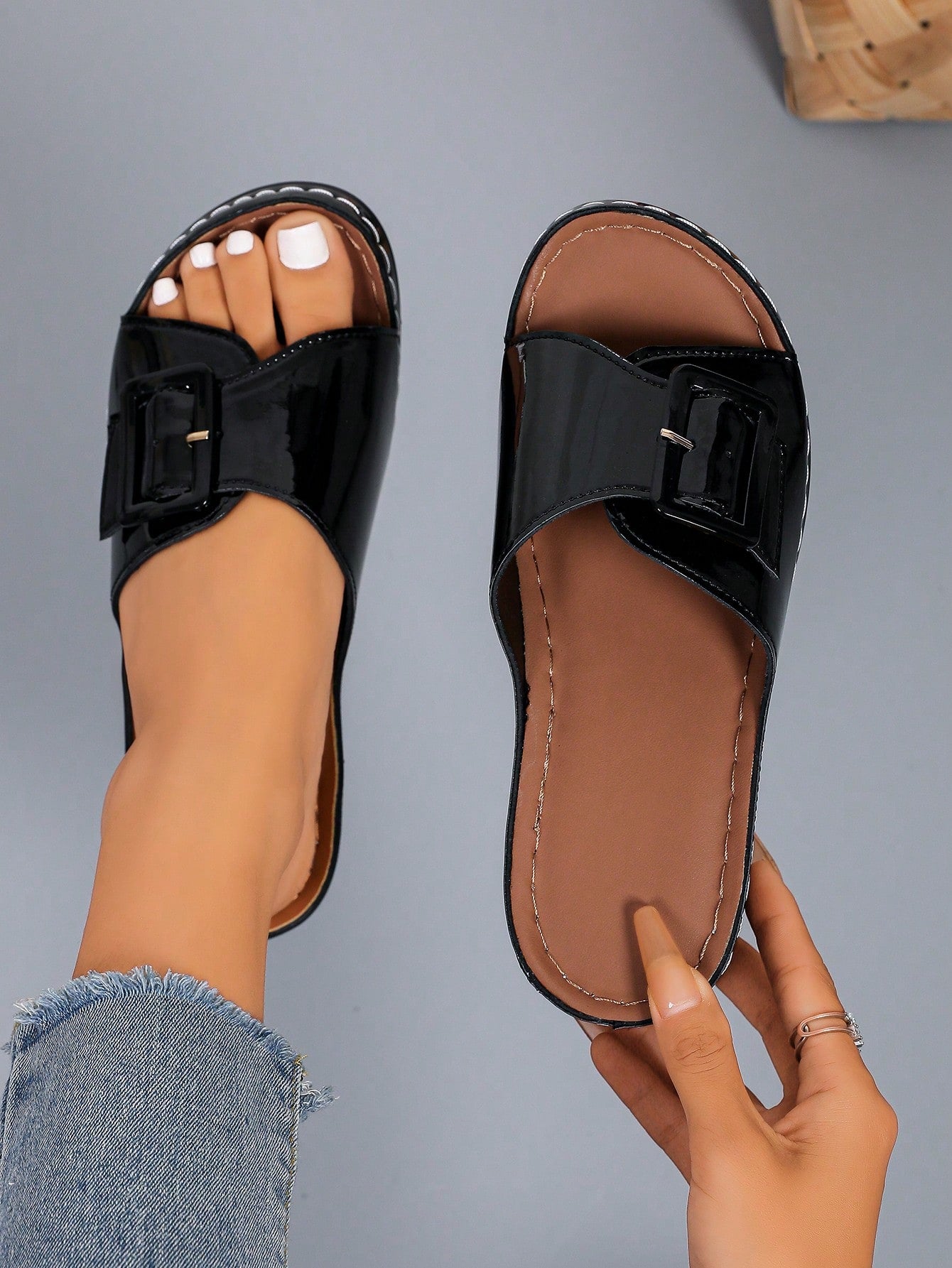 Women's multicolor wedge slide sandals with open toe, criss-cross straps, cut-out details, slip-on closure, and mid chunky wedge heel.
