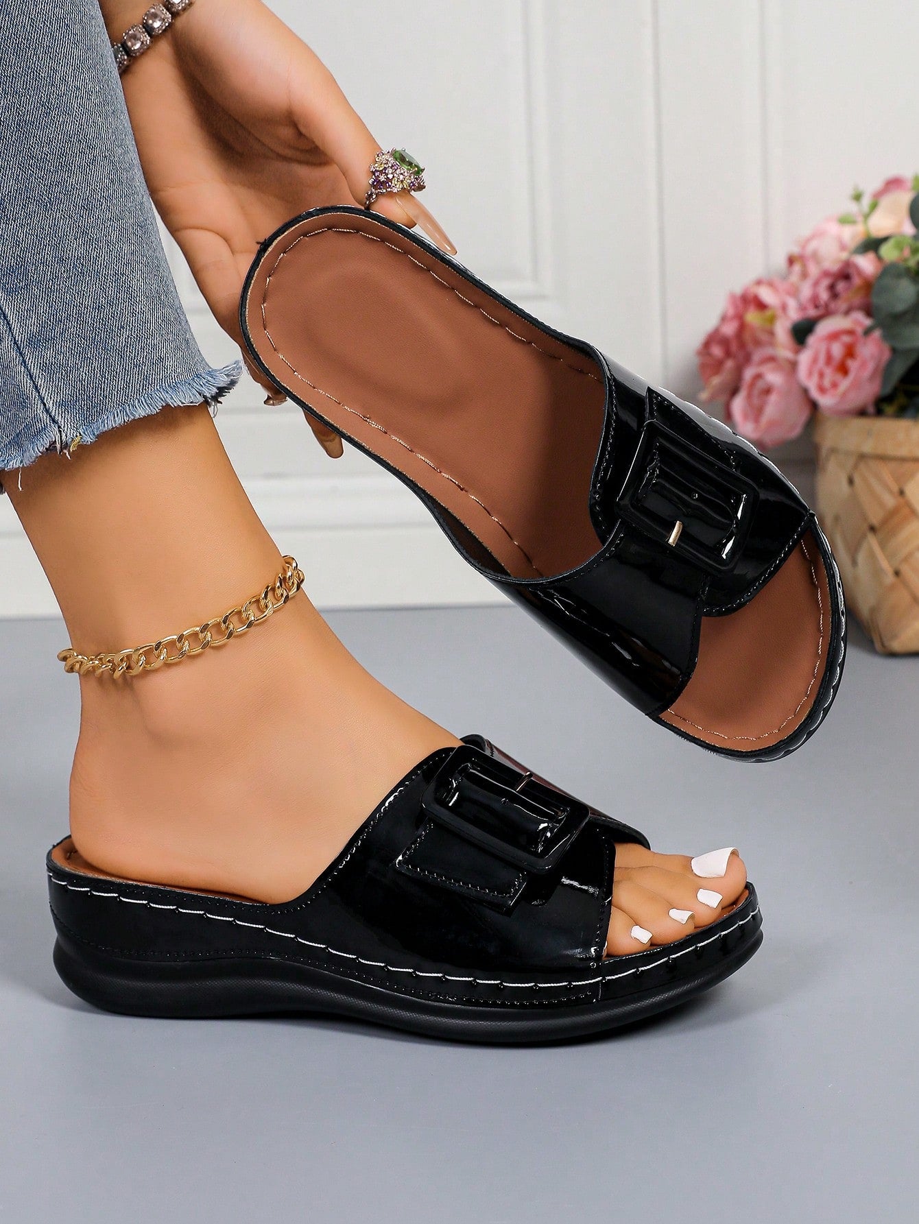 Women's multicolor wedge slide sandals with open toe, criss-cross straps, cut-out details, slip-on closure, and mid chunky wedge heel.