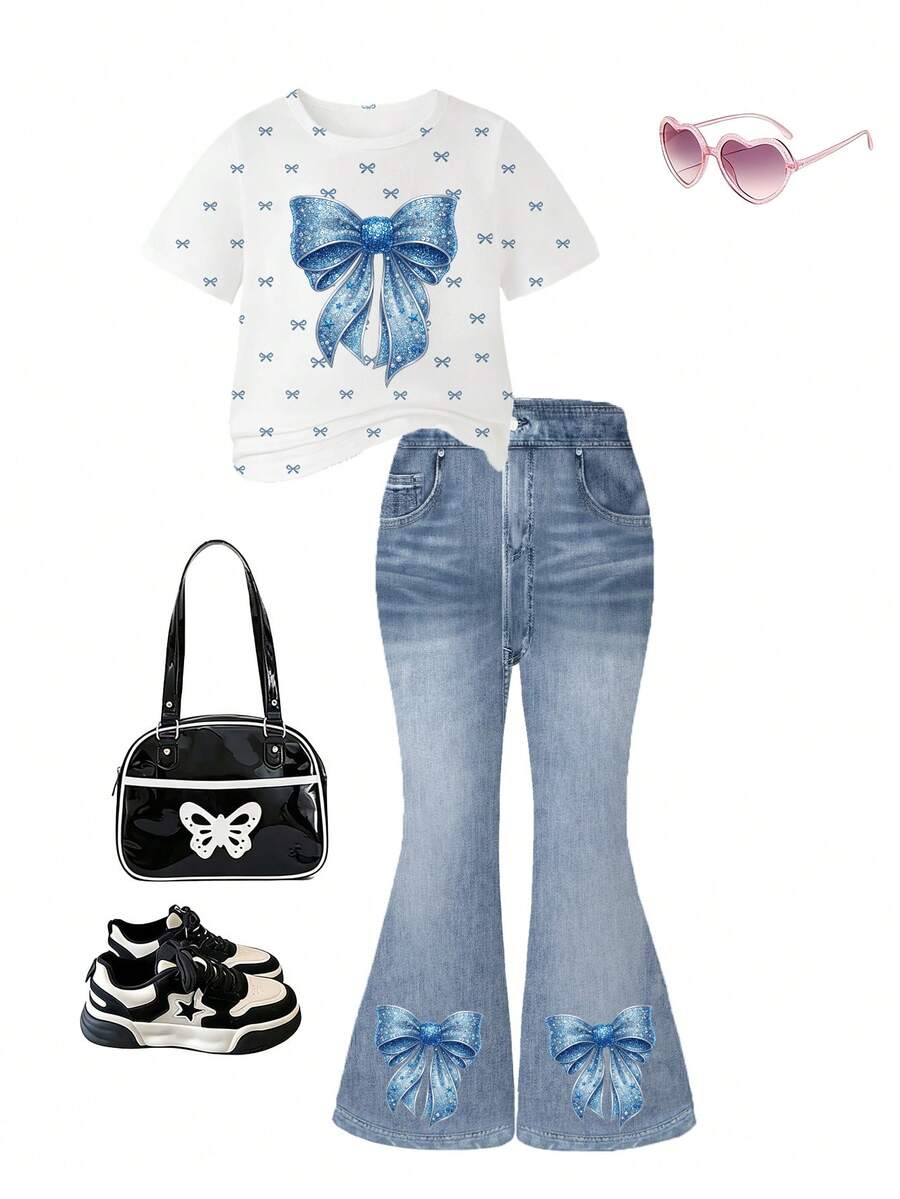 Elladie kids 2pcs/Set Young Girl Casual Butterfly Print Short Sleeve T-Shirt And Flare Pants,Cute Cartoon Graphic Fashionable Summer Clothes For School Outfit