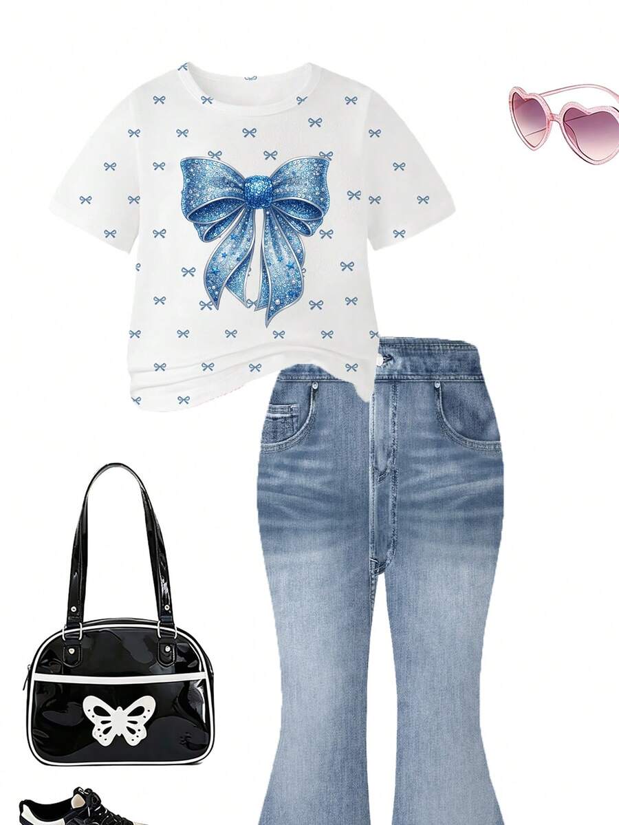 Elladie kids 2pcs/Set Young Girl Casual Butterfly Print Short Sleeve T-Shirt And Flare Pants,Cute Cartoon Graphic Fashionable Summer Clothes For School Outfit