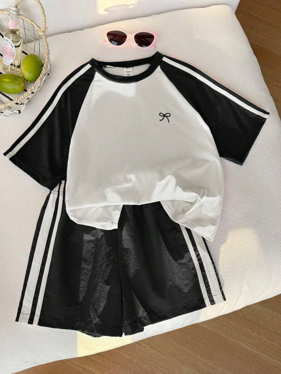 Genkimix Kids Young Girls Casual Light Sports Print Leopard Raglan T-Shirt With Cute Bow Front, Contrast Pink Knit Jersey Fabric, Y2K Retro Double Stripe Leopard Shorts Set, Suitable For Casual Activities, Street Style, Sports