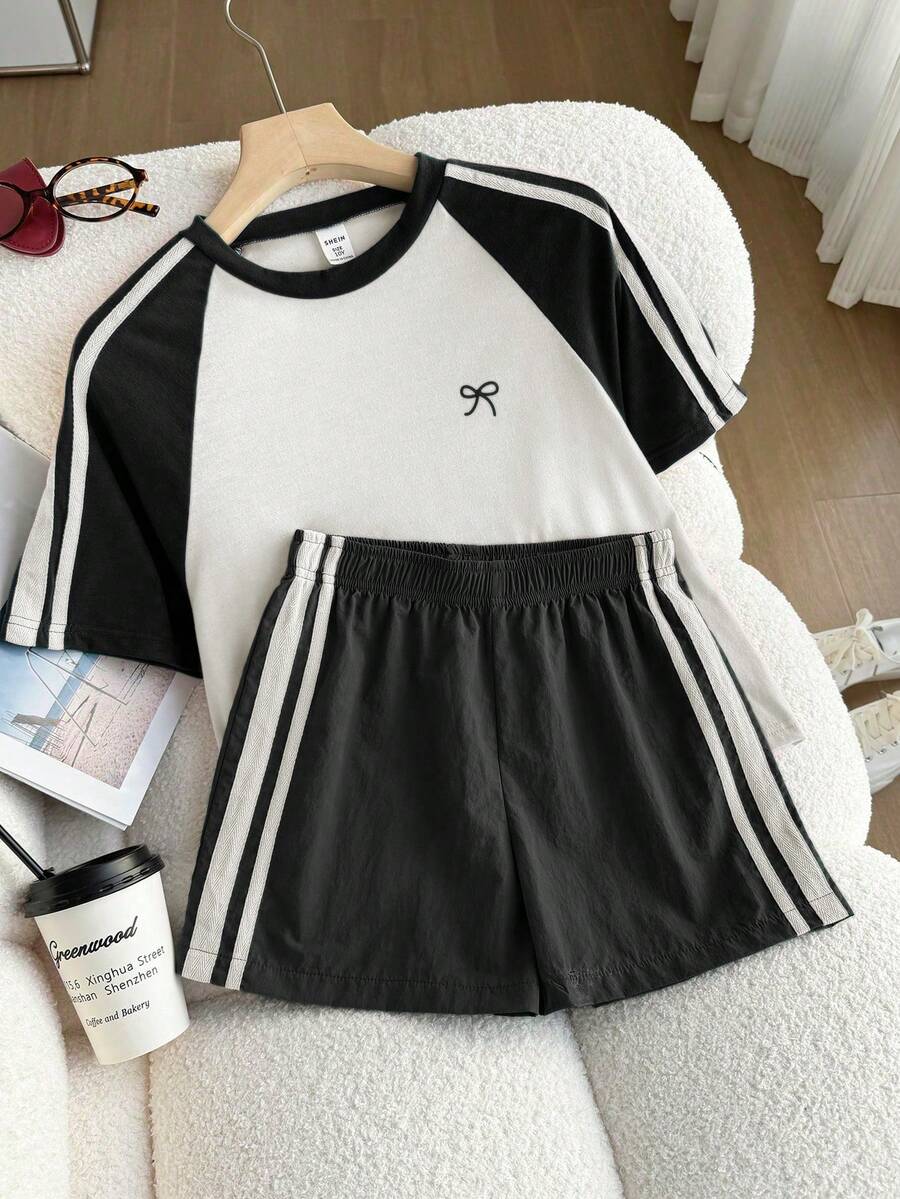 Genkimix Kids Young Girls Casual Light Sports Print Leopard Raglan T-Shirt With Cute Bow Front, Contrast Pink Knit Jersey Fabric, Y2K Retro Double Stripe Leopard Shorts Set, Suitable For Casual Activities, Street Style, Sports