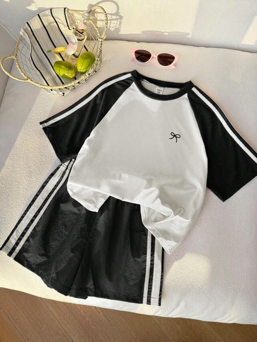 Genkimix Kids Young Girls Casual Light Sports Print Leopard Raglan T-Shirt With Cute Bow Front, Contrast Pink Knit Jersey Fabric, Y2K Retro Double Stripe Leopard Shorts Set, Suitable For Casual Activities, Street Style, Sports