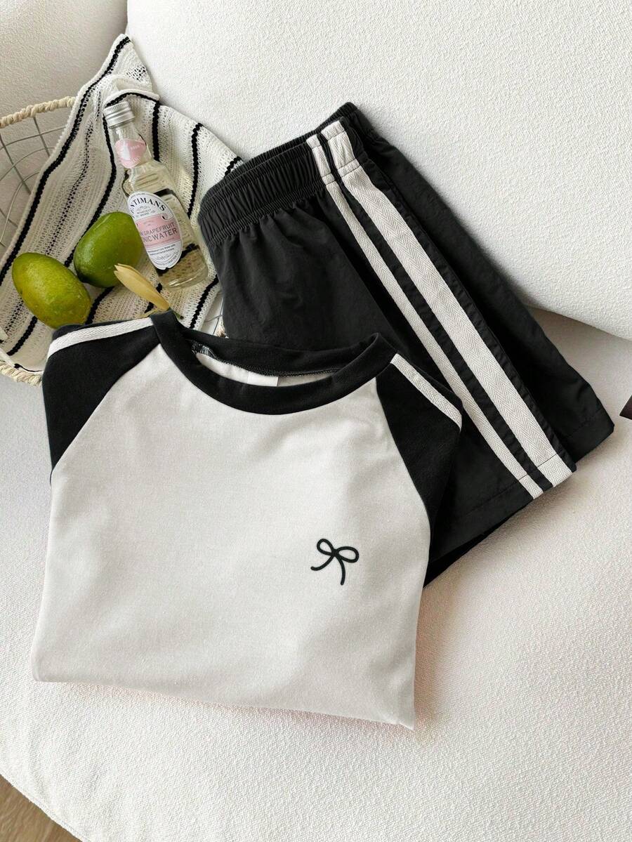 Genkimix Kids Young Girls Casual Light Sports Print Leopard Raglan T-Shirt With Cute Bow Front, Contrast Pink Knit Jersey Fabric, Y2K Retro Double Stripe Leopard Shorts Set, Suitable For Casual Activities, Street Style, Sports