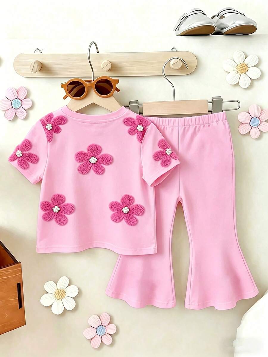 Elladie kids 2pcs/Set Young Girl Casual Butterfly Print Short Sleeve T-Shirt And Flare Pants,Cute Cartoon Graphic Fashionable Summer Clothes For School Outfit
