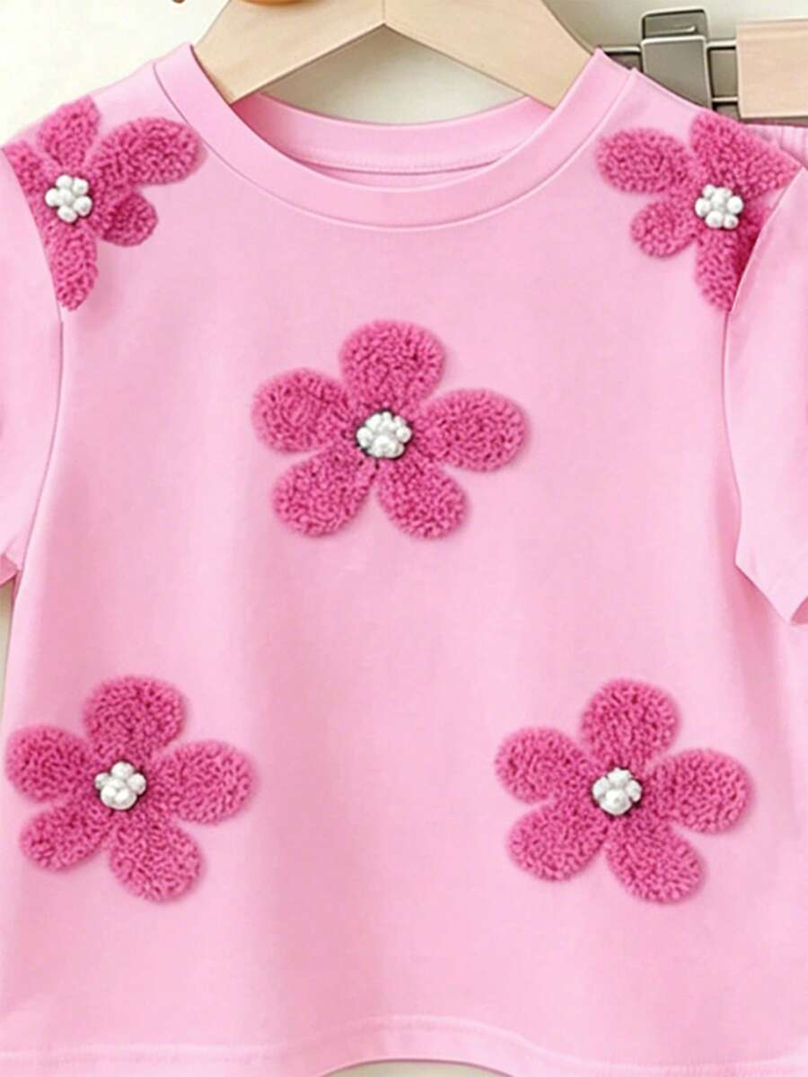 Elladie kids 2pcs/Set Young Girl Casual Butterfly Print Short Sleeve T-Shirt And Flare Pants,Cute Cartoon Graphic Fashionable Summer Clothes For School Outfit