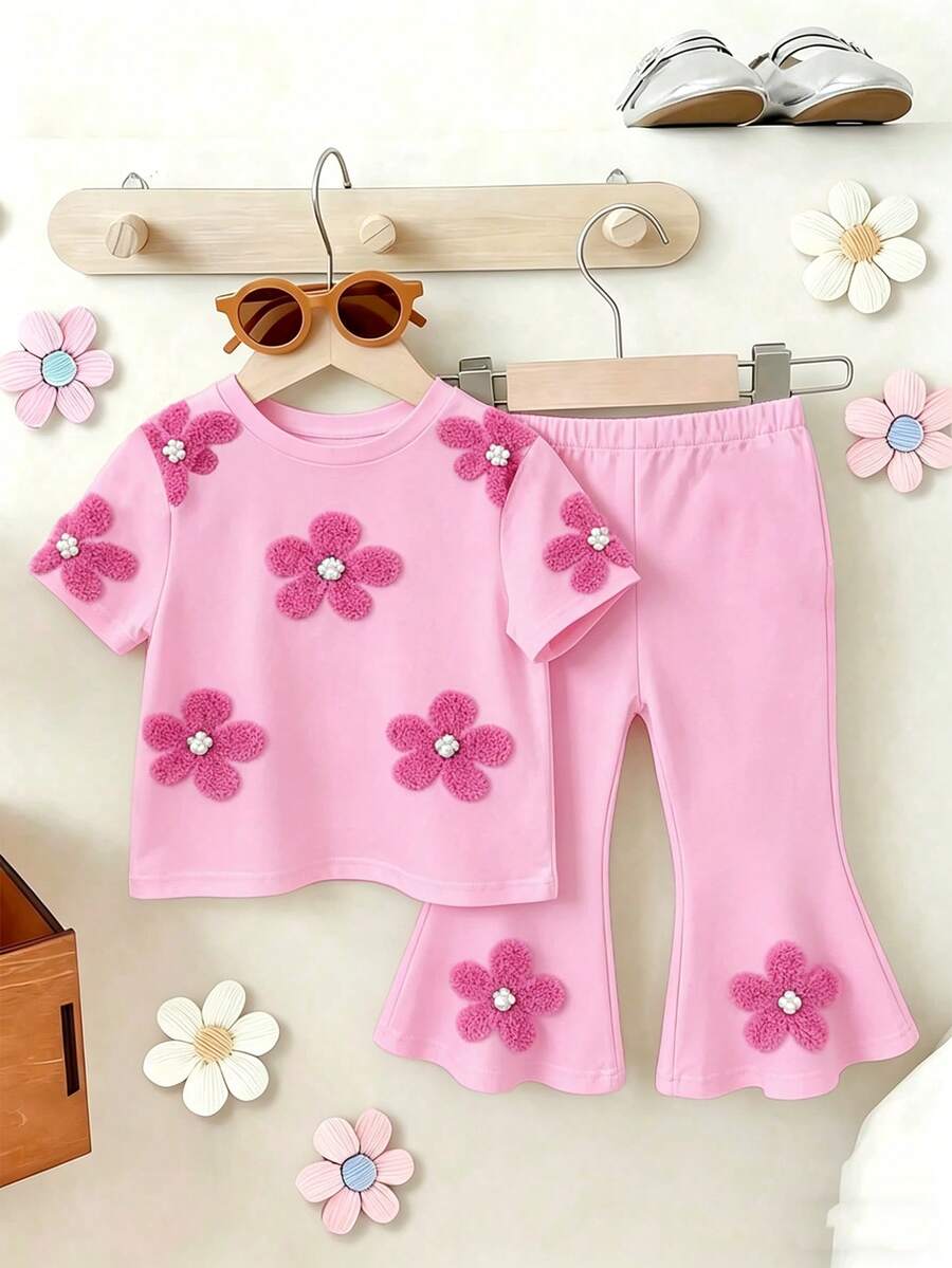 Elladie kids 2pcs/Set Young Girl Casual Butterfly Print Short Sleeve T-Shirt And Flare Pants,Cute Cartoon Graphic Fashionable Summer Clothes For School Outfit