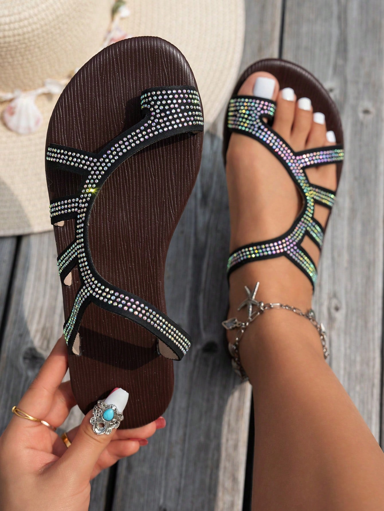 Women's flat sandals with strappy rope-detail design, plant pattern, and open-toe silhouette.